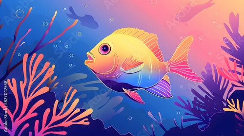 Illustrate a vector graphic of a tropical fish swimming in a gradient ocean  with hues shifting from coral pink to deep blue