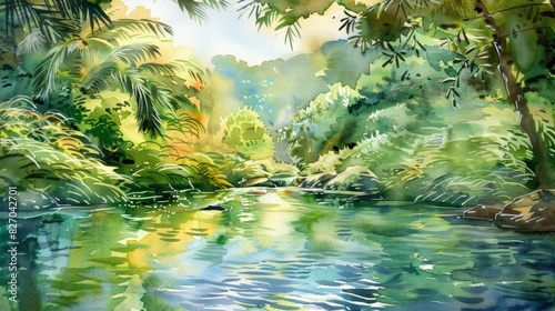 A peaceful river s through a valley of lush greenery with each artist adding their own unique interpretation to the tranquil scene through their watercolor brushstrokes.