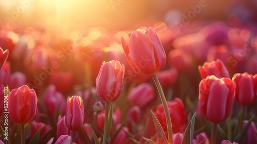 Amazing white, red, pink tulip flowers blooming in a tulip field, against the background of blurry tulip flowers in the sunset light. Fresh bright yellow spring tulips, Bouquet of spring tulips
