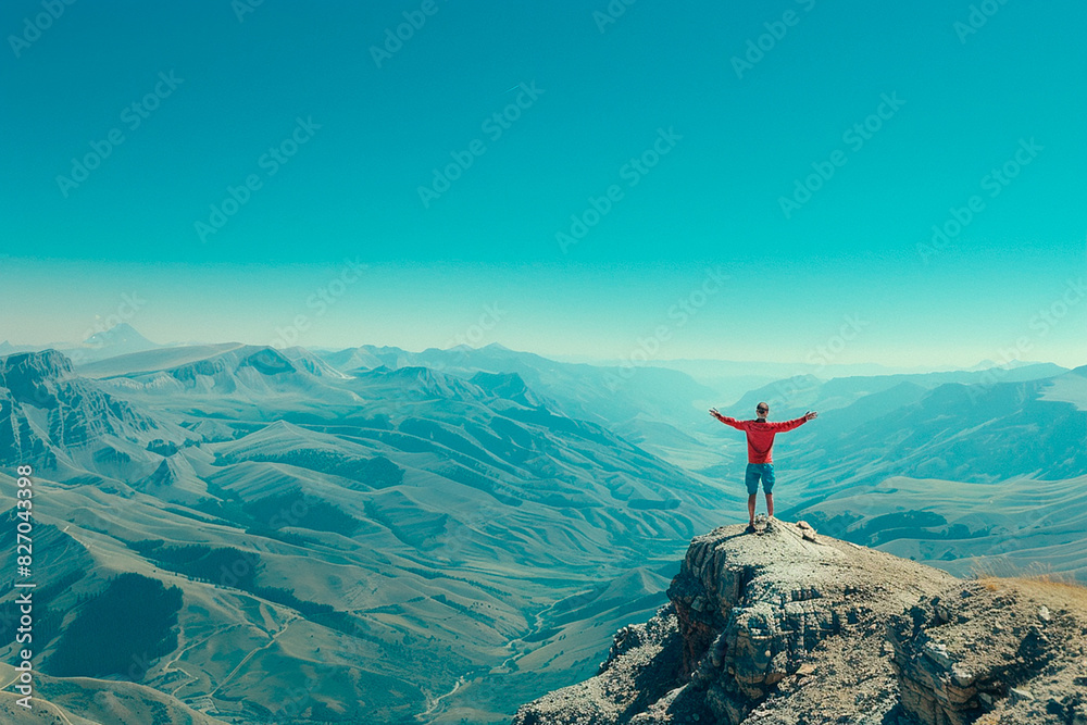 A man stands on a mountain top, looking out over a vast, open landscape A man stands on a mountain top, looking out over a vast, open landscape