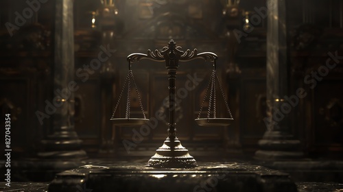 Antique balance scale in a dark, classical interior, representing justice, law, and fairness in a moody atmosphere. photo