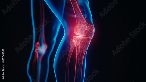A human leg with an X-ray effect, focusing on the knee area where pain is pulling at one of its pins in blue and red colors, set against a black background