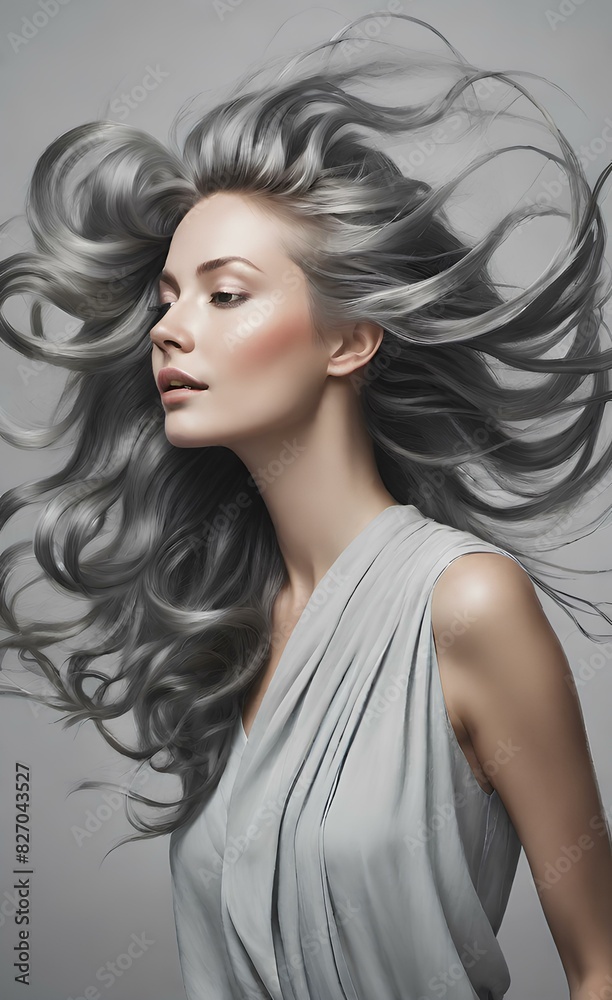 Fototapeta premium Portrait of a woman with wind in her hair in a studio for treatment, wellness, and beauty on a gray background.