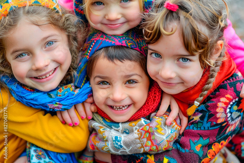 A group of children are hugging each other and smiling