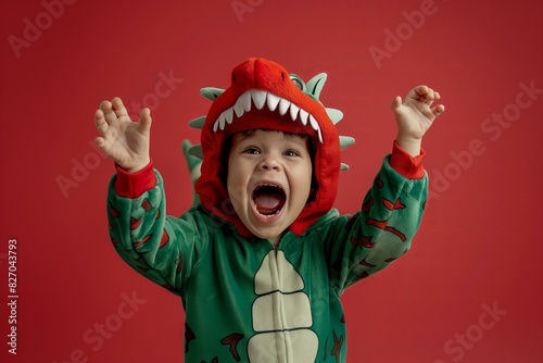 boy in a dinosaur costume solid red background. He is making a roaring pose
