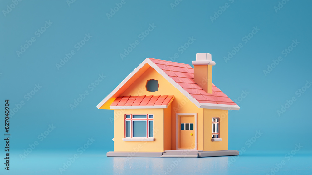 Cartoon-style house with a plastic roof and a blue background Cartoon-style house with a plastic roof and a blue background