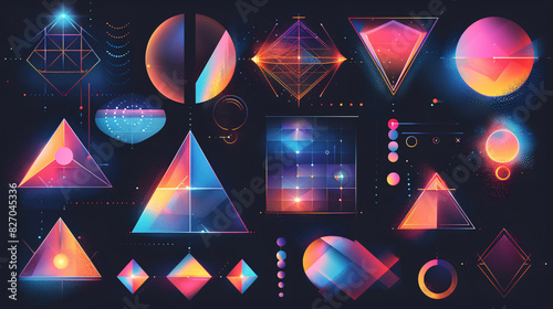 Collection of gradient geometric shapes including pyramids and circles photo