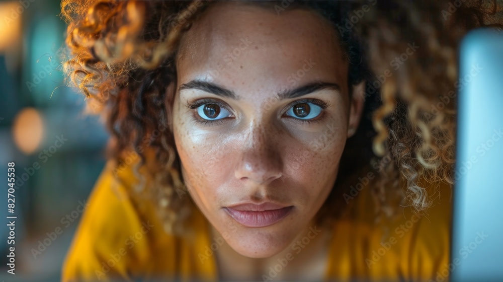 A close-up of a person's face, looking at a computer screen with a serious expression, reflecting the intensity of office work and concentration. A close-up of a person's face, looking at a computer screen with a serious expression, reflecting the intensity of office work and concentration.