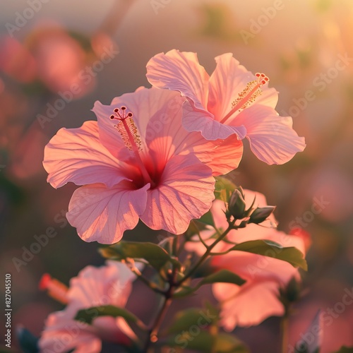 a vibrant pink hibiscus flower in full bloom in soft focus background. Let’s delve into the details: The main subject is a large, pink hibiscus flower with five prominent, veined petals © AriyaniAI
