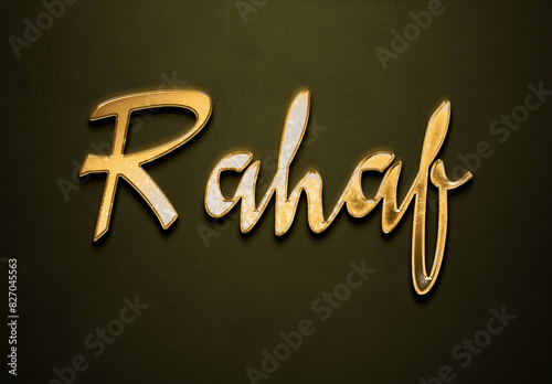 Old gold text effect of Arabic name Rahaf with 3D glossy style Mockup. photo