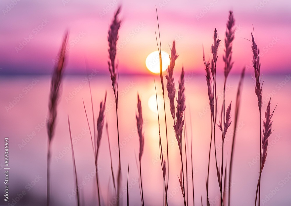 A Close-Up of a Small Grass Stem with a Sunset Over a Calm Sea, as the Sun Descends Below the Horizon. Featuring Soft Pastel Watercolor Tones in Pink and Purple. A Close-Up of a Small Grass Stem with a Sunset Over a Calm Sea, as the Sun Descends Below the Horizon. Featuring Soft Pastel Watercolor Tones in Pink and Purple.
