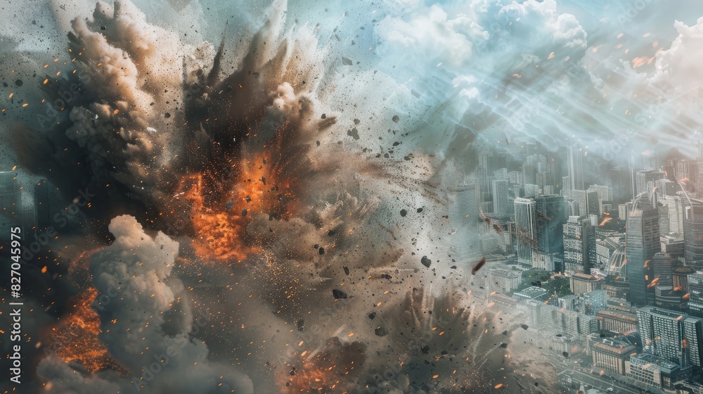 Fototapeta premium big explosion with big dirt smoke on the city war generative ai