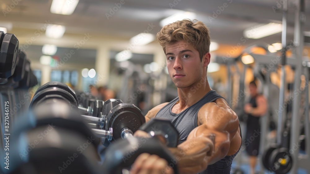 A man lifting weights in a gym, focusing on his bicep curls, with other gym equipment and people exercising in the background. A man lifting weights in a gym, focusing on his bicep curls, with other gym equipment and people exercising in the background.