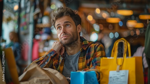 A man checking his watch while juggling shopping bags and a to-do list, looking slightly overwhelmed by his list of errands.