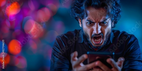 Indian man's furious response to receiving bad news on his slow smartphone. Concept Frustrated Reaction, Slow Technology, Indian Man, Bad News, Smartphone