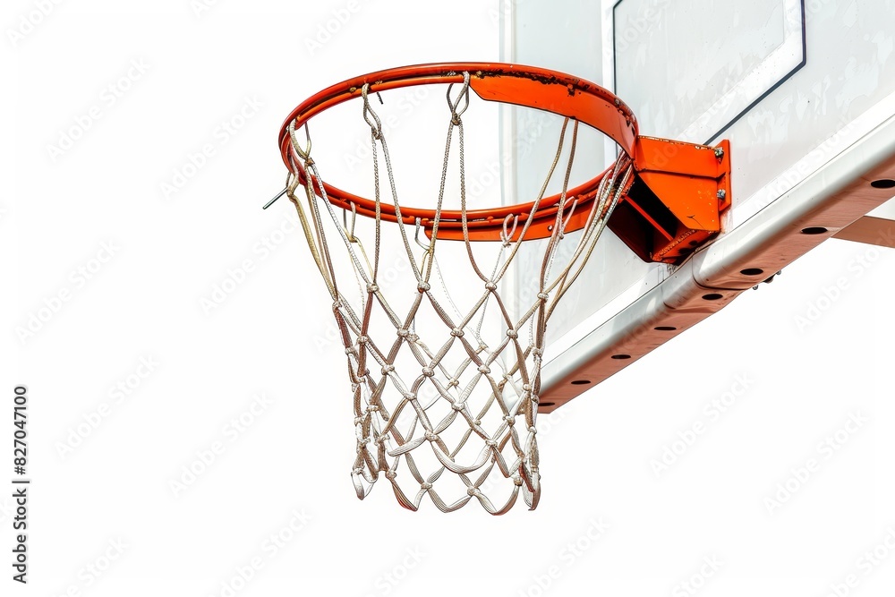 Realistic photograph of a complete Basketball hoops,solid stark white background, focused lighting