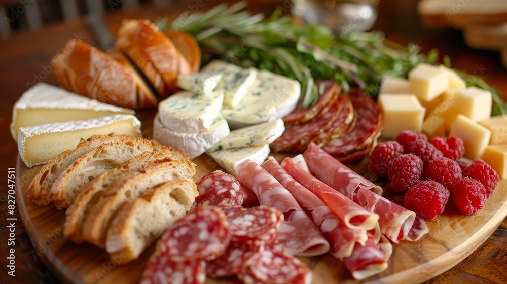 An appetizing breakfast platter featuring a variety of cheeses, cold cuts, fruits, and bread, elegantly arranged on a wooden board, perfect for a hearty morning meal. An appetizing breakfast platter featuring a variety of cheeses, cold cuts, fruits, and bread, elegantly arranged on a wooden board, perfect for a hearty morning meal.