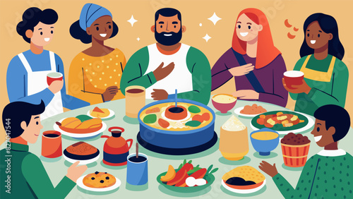 A potluck community dinner where dishes from different cultures and traditions come together to create a diverse and delicious meal.. Vector illustration