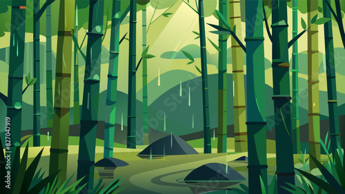 A peaceful bamboo forest with the sound of a gentle rainfall and the rustling of leaves providing a refreshing digital detox.. Vector illustration
