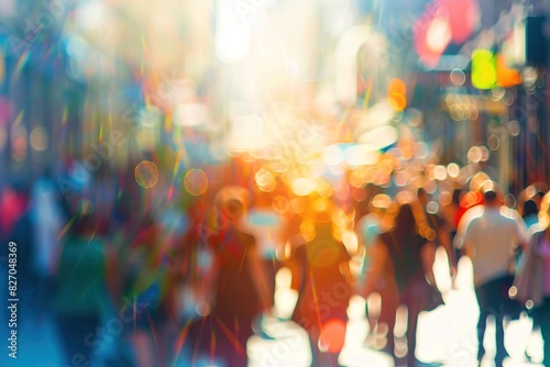 Busy street scene with crowds of people walking in the city, shopping, tourism, business people on a sunny day, blurred bokeh background crowded