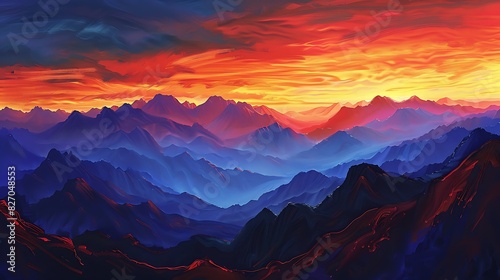 Magnificent mountain range silhouetted against a fiery sunset sky, painting the horizon with vivid hues. © muhammad