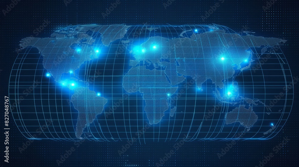 Fototapeta premium Global world wide web. Communication technologies for different spheres of activity (business). Digital global map of the Earth. Grid. A global network. Illustration for advertising or presentation.