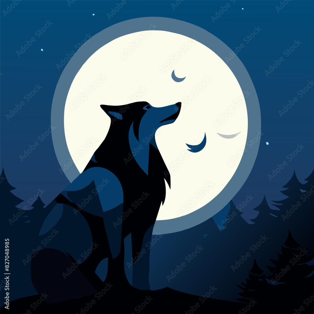 lobo con la luna, vector illustration flat 2
