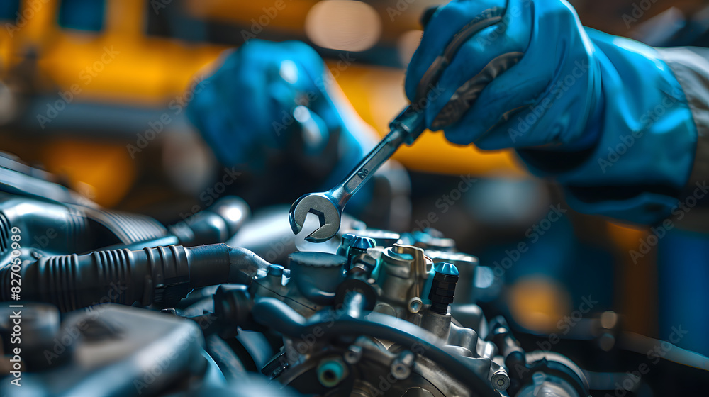 Fototapeta premium repairman hands repairing a car engine automotive workshop with a wrench, Automobile mechanic car service and maintenance, Repair service