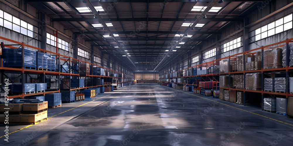 Warehouse interior with rows of wooden boxes
