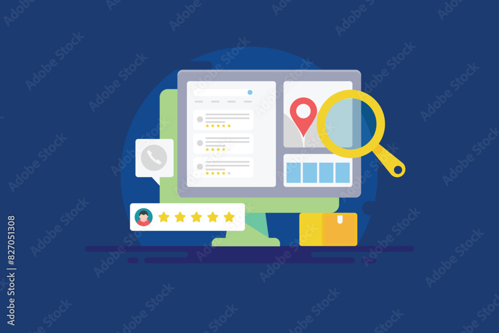 Local business listing map and contact information on web browser search results, conceptual SEO vector illustration. Local business listing map and contact information on web browser search results, conceptual SEO vector illustration.