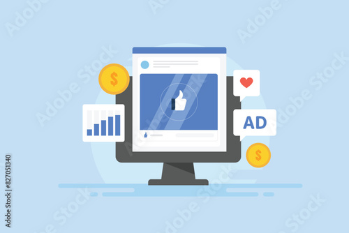 Social media paid advertising campaign, user engagement increase likes and followers, vector illustration.