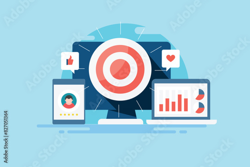 Audience targeting with advertising campaign on digital devices, analytical tool display performance report business intelligence system vector illustration.