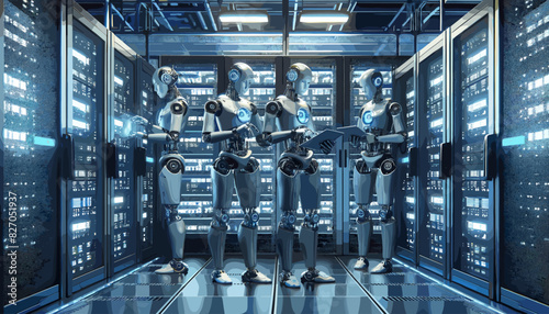 Conceptual image of a humanoid robot working in a data center. Vector illustration.