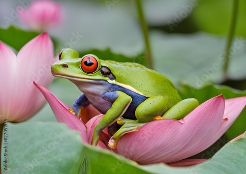A Vibrant Red-Eyed Frog Gracefully Perched on a Bud of a Lotus Flower. photo