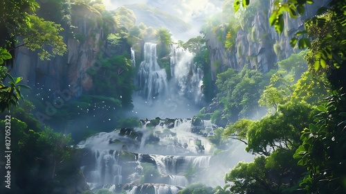 Majestic waterfall cascading down rugged cliffs  framed by lush greenery and misty spray.