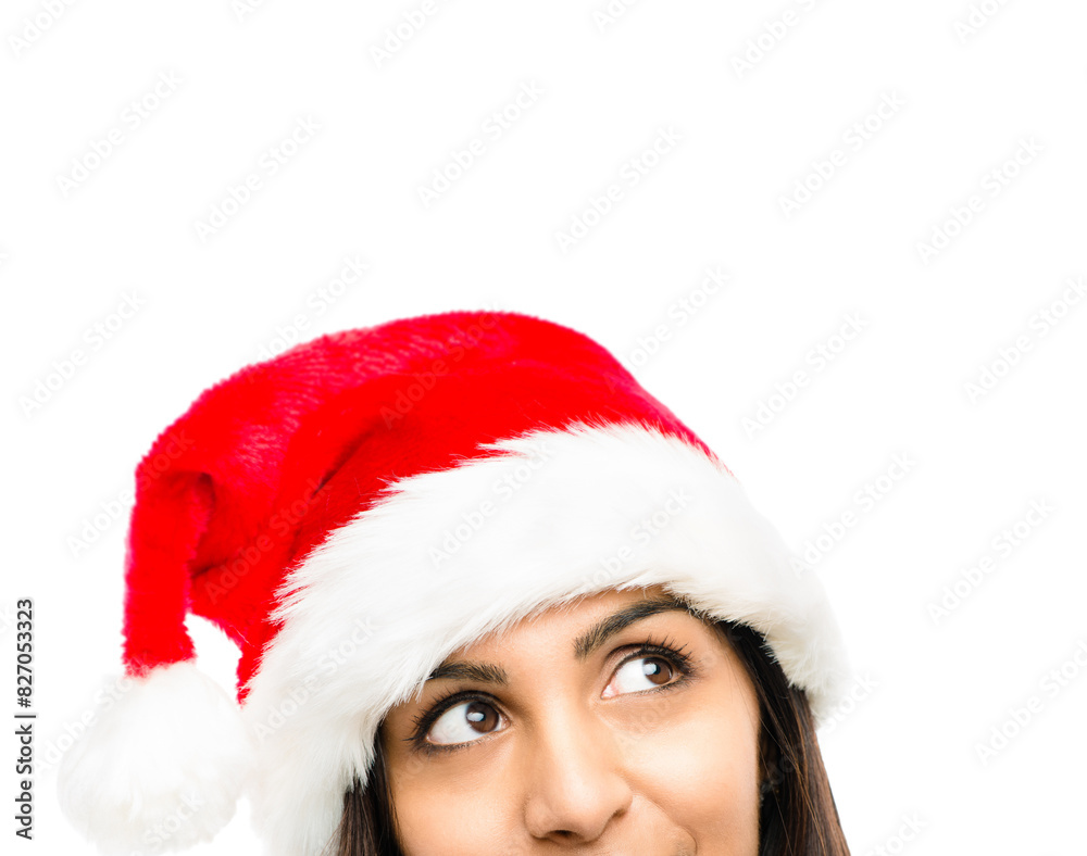 Woman, christmas hat or festive accessory on in white studio background for celebration or holiday season. Female person, thinking or daydreaming of event, party and gift giving with excitement Woman, christmas hat or festive accessory on in white studio background for celebration or holiday season. Female person, thinking or daydreaming of event, party and gift giving with excitement