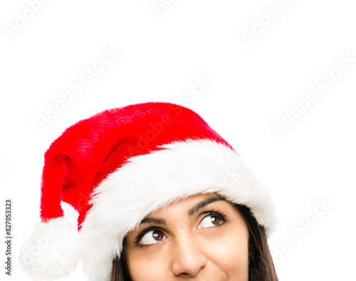Woman  christmas hat or festive accessory on in white studio background for celebration or holiday season. Female person  thinking or daydreaming of event  party and gift giving with excitement