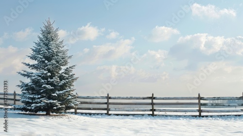 Small Evergreen Tree Beside Solid Wooden Fence in Rural Winter Setting © pngking