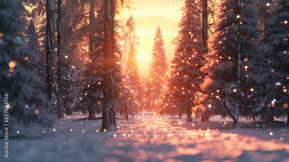 Winter wonderland of a forest with glowing snowy fir trees at sunset Celebrating the winter holiday season with a touch of creativity and retro charm