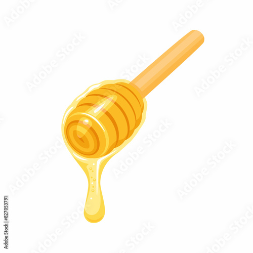 Wooden honey dipper with dripping drop of honey. Vector cartoon flat illustration.