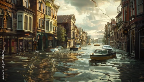 Intense image of a catastrophic flood inundating a city, with submerged buildings and rescue boats navigating the streets