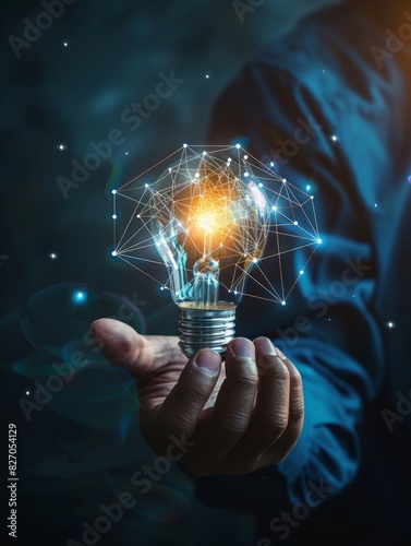 Businessman hand holding creative light bulb with industry network, analysis solution and development marketing network icons planning strategy, Modern business, Innovative of new ideas.