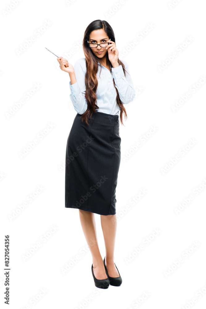 Studio, portrait and woman with glasses for business fashion, receptionist and confident on white background. Office style, administration and female secretary with pen for corporate or formal wear Studio, portrait and woman with glasses for business fashion, receptionist and confident on white background. Office style, administration and female secretary with pen for corporate or formal wear