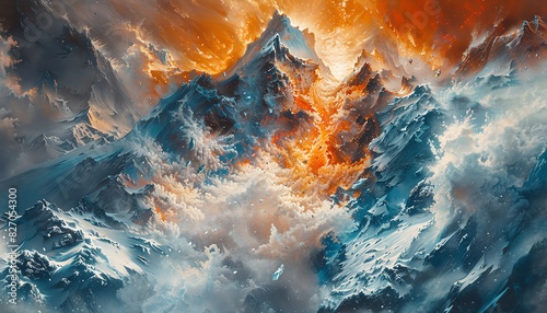 Vivid portrayal of an avalanche thundering down a snowcovered peak, engulfing everything in its path photo