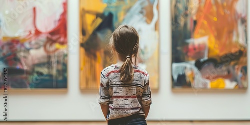 Young girl viewing abstract paintings in an art gallery © JS_Stock