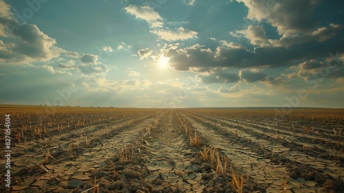 Gripping scene of a severe drought turning fertile land into a barren desert, with cracked earth and withered crops stretching into the horizon