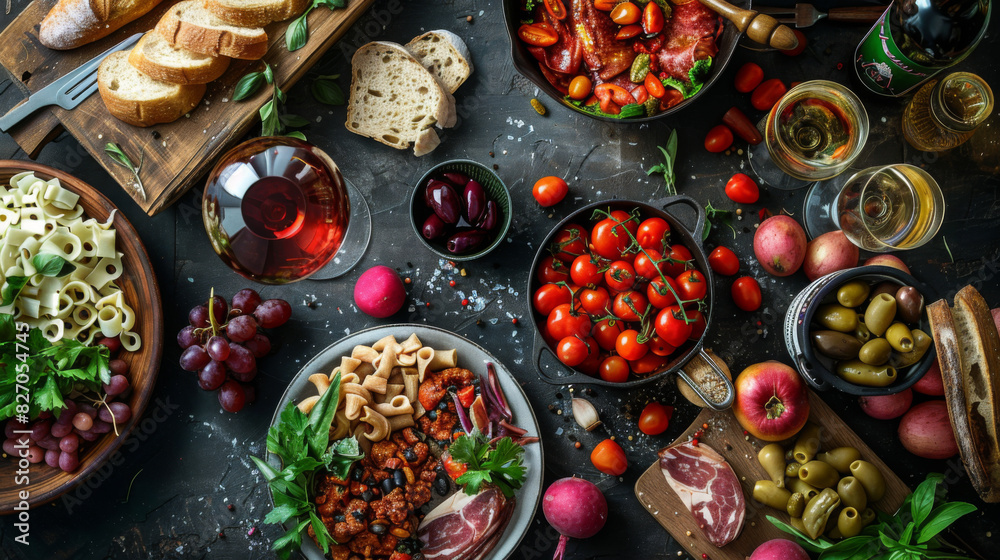 A rich spread of Mediterranean cuisine including meats, pasta, and vegetables on a rustic wooden table.