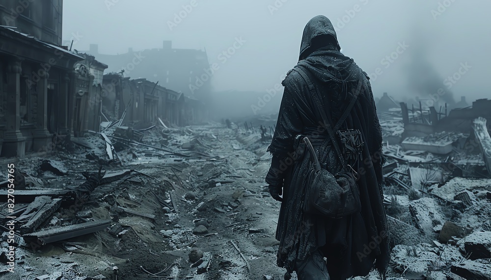 A lone figure walks through a desolate, post-apocalyptic city. A lone figure walks through a desolate, post-apocalyptic city.
