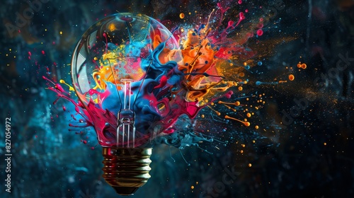 Creative light bulb explodes with colorful paint and splashes on a black background. Think differently creative idea concept photo