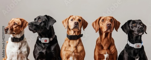 Pets wearing smart healthmonitoring collars, featuring diverse families photo